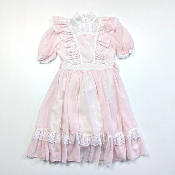 Vintage Jeunes Filles Gunne Sax Dress Girls Size 7-8 Pink Polka Dot Semi Sheer - Picture 1 of 9